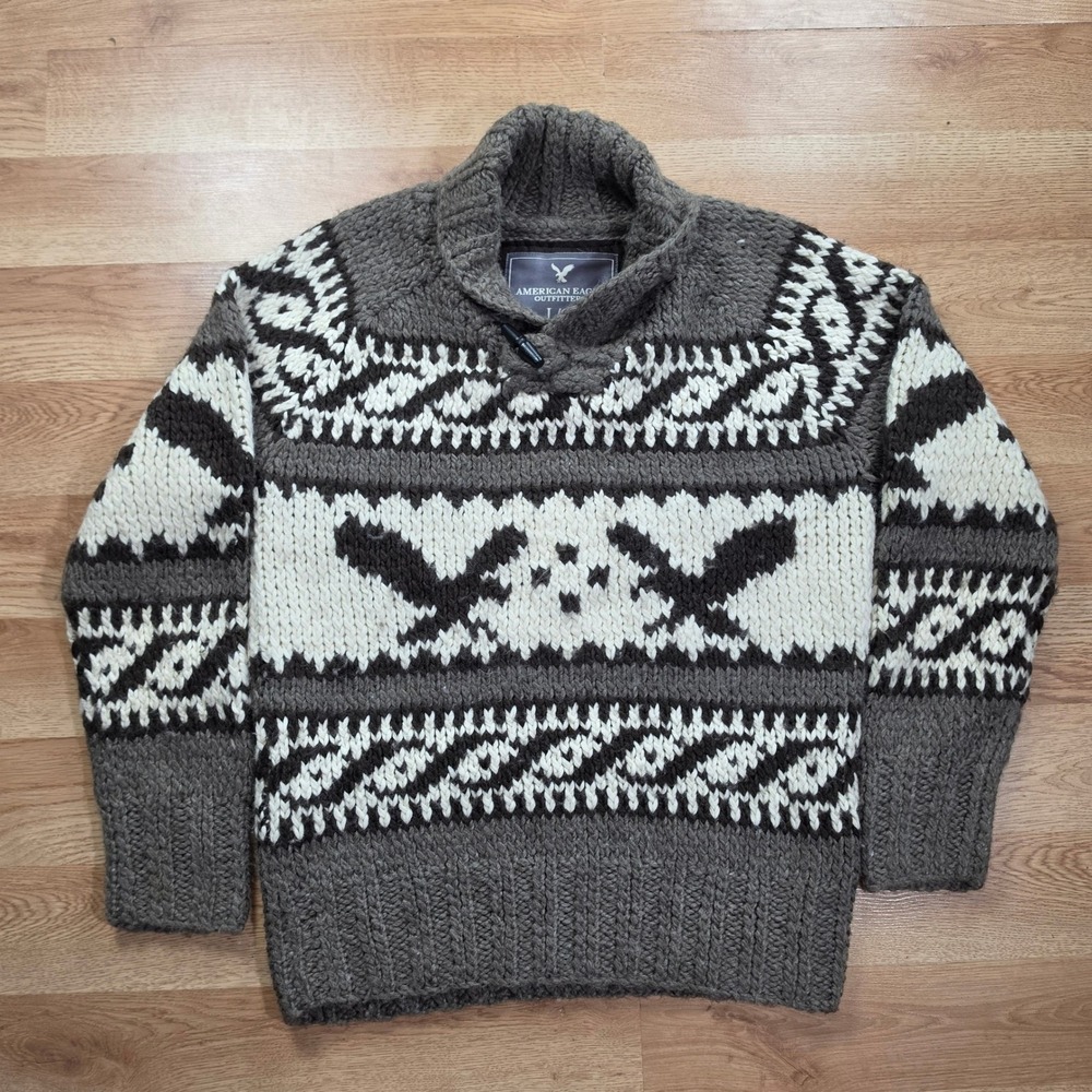 American Eagle Sweater Mens L Shawl Collar Eagle Intarsia Chunky Knit Gray White